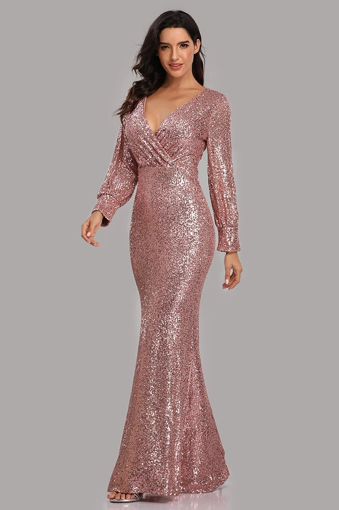 long sleeve rose gold gown