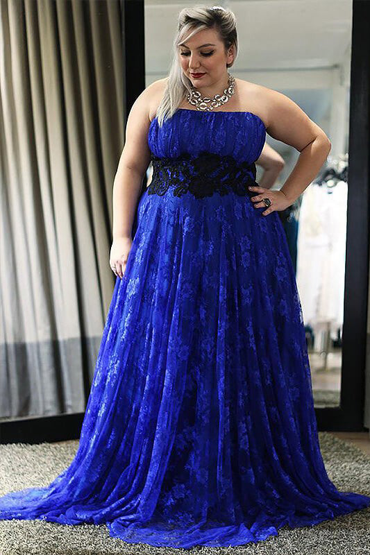 Strapless Royal Blue Plus Size Lace Long Prom Dress,Cheap Dress