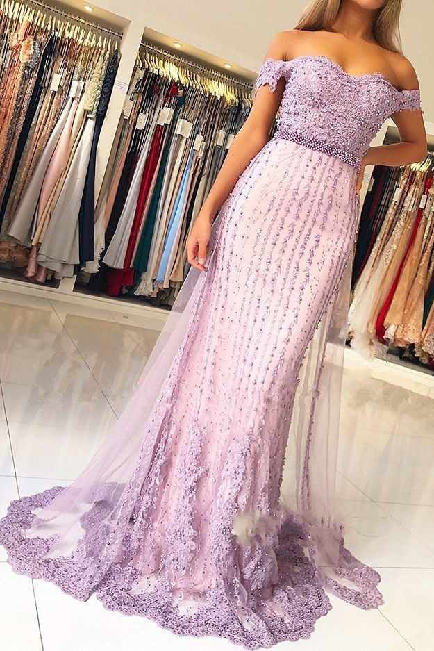 off the shoulder fishtail prom dress