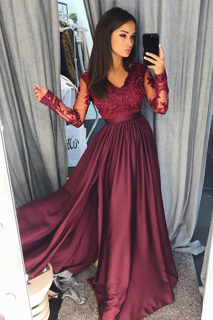 Dark Purple V-neck Lace Long Sleeve Evening Prom Dress 