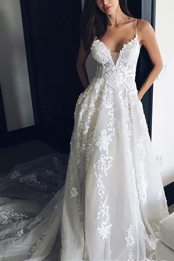 Deep V Neck Wedding Dress Lace Wedding Dress Spaghetti Straps Beach Wedding Dress N74