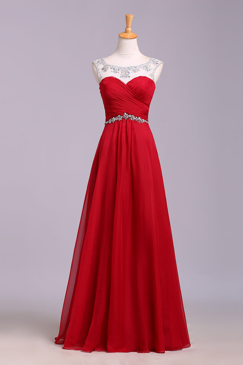 Red Floor Length Chiffon Prom Dress with Crystals, A Line Pleated