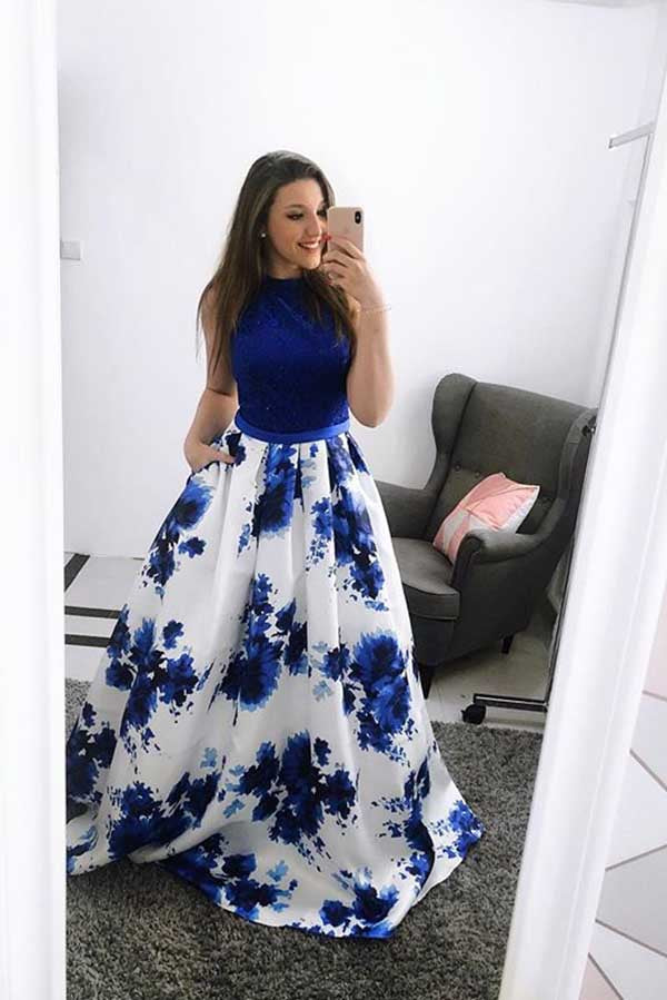 royal blue floral prom dress