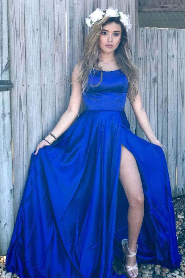 royal blue spaghetti strap prom dress