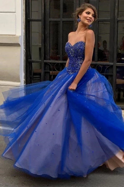 royal blue tulle prom dress