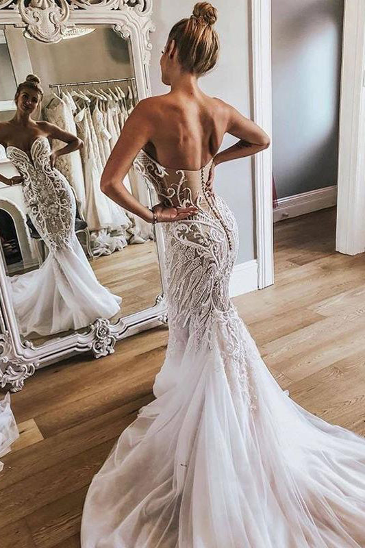 Gorgeous Strapless Tulle Mermaid Wedding Dresses Long