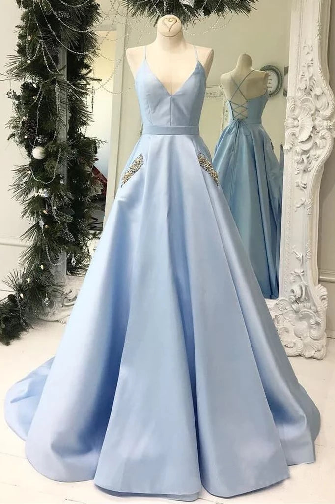 blue satin homecoming dress