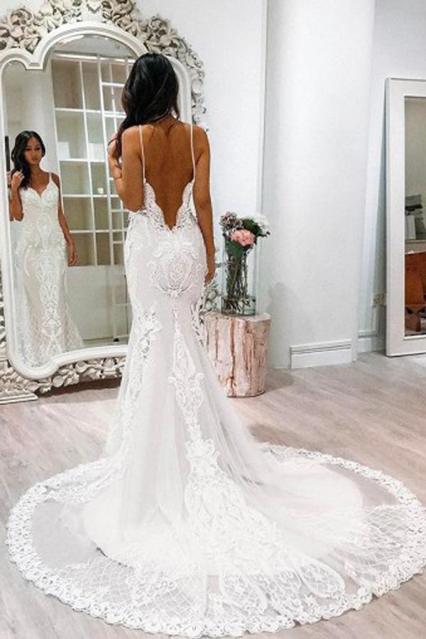 Spaghetti Strap Backless Lace Wedding Dress