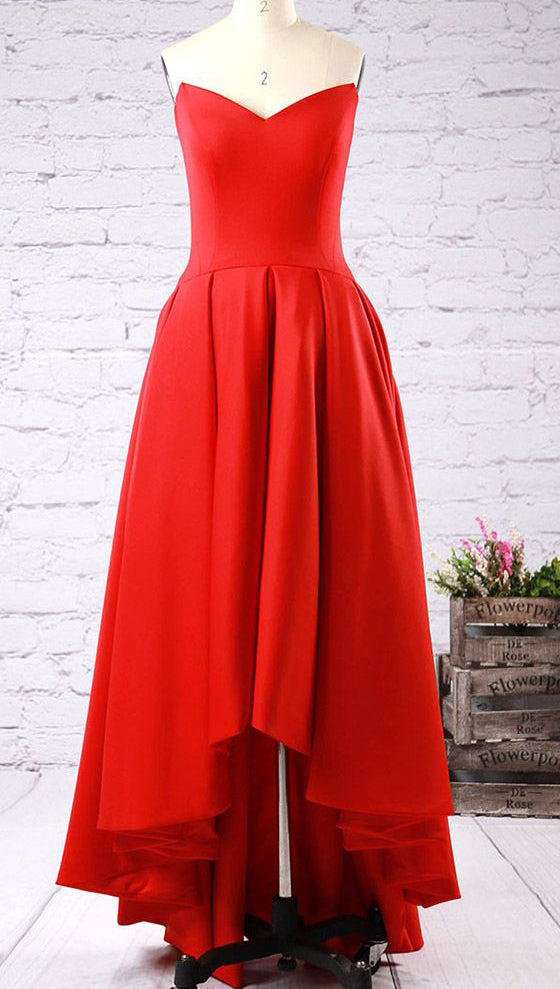 Strapless High Low Sweetheart Red Satin Prom Dressshort Formal Dress