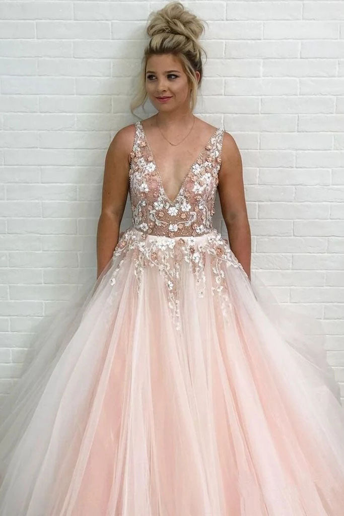 Light Pink V Neck Sleeveless Tulle Prom Dress With Flowers And Beads N Simibridaldresses 5553