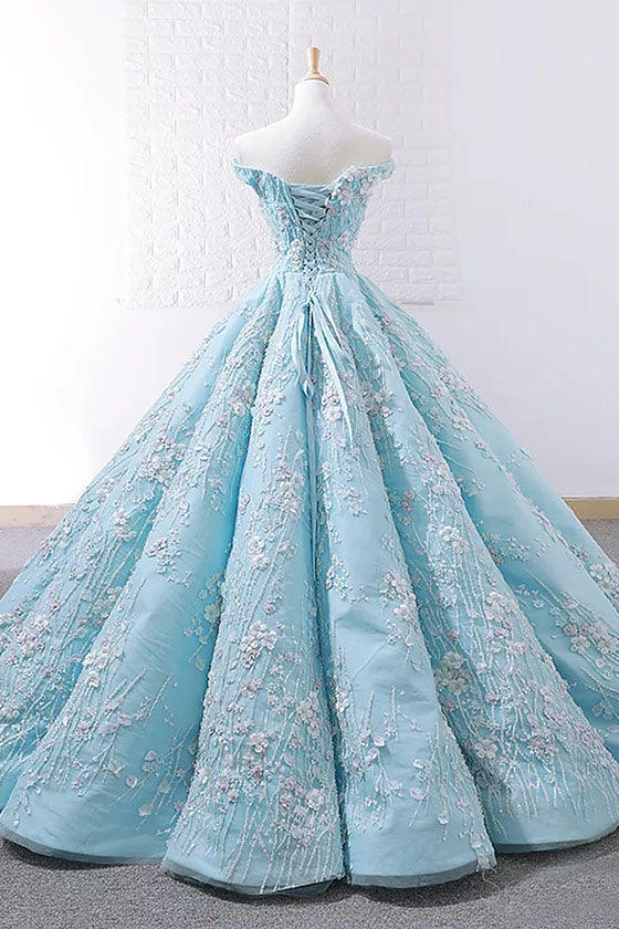 light blue off the shoulder ball gown