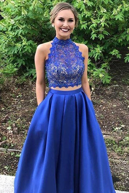 royal blue high neck prom dress