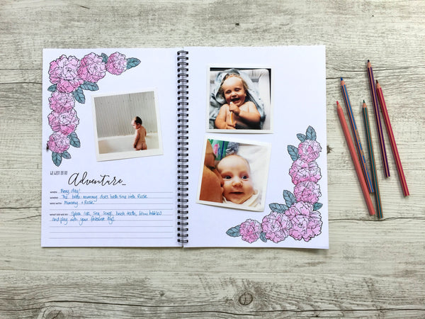 baby book // custom baby book // modern baby memory book // baby memory book // motherhood journal // monochrome baby book // scrapbooking baby book // colouring in // adult colouring in