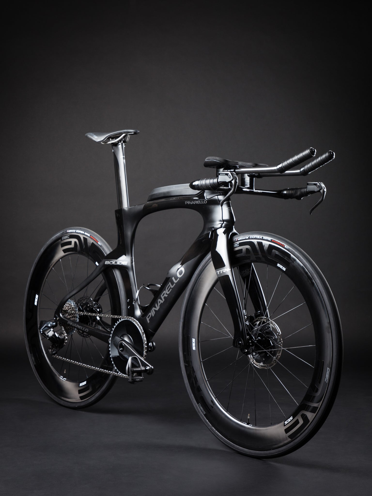 A Blacked Out Pinarello Bolide Gallery front angle full bike
