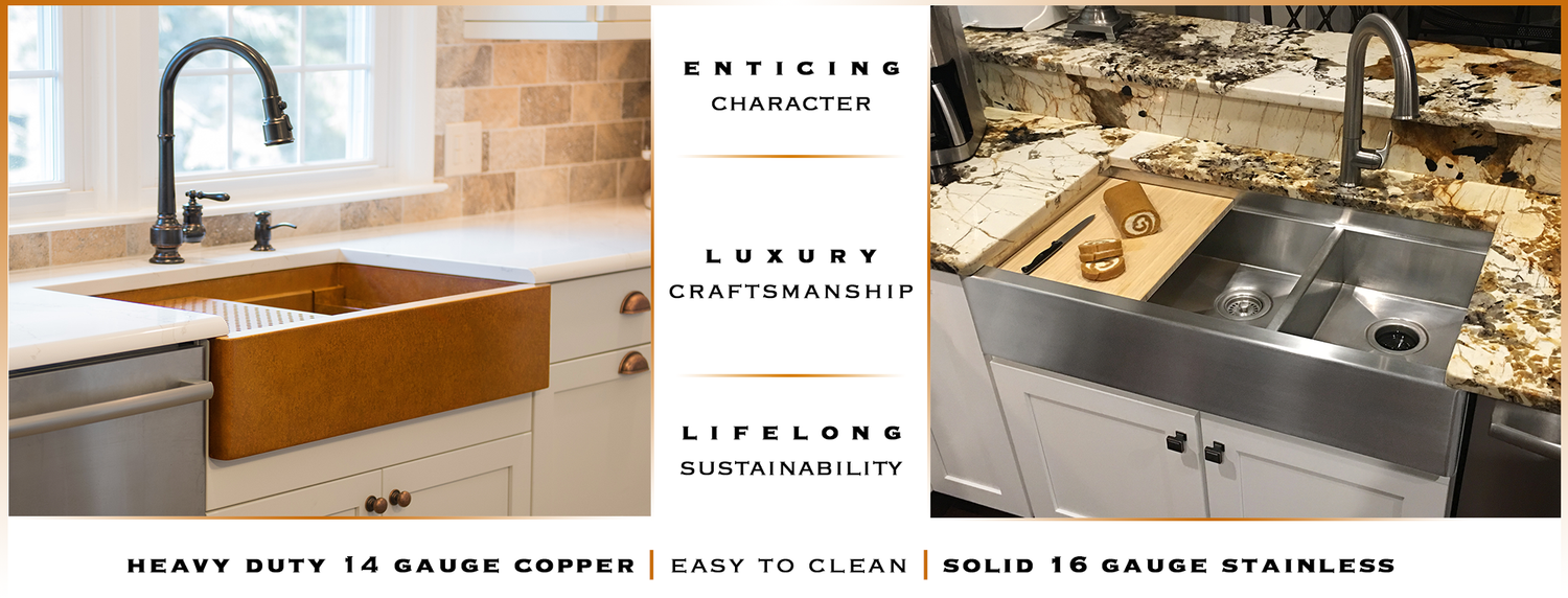 Custom Stainless steel and copper sinks handcrafted in the USA from the purest copper in the World. Select from undermount, topmount and farmhouse sink designs. Smooth and hammered finishes are available on all custom sinks.