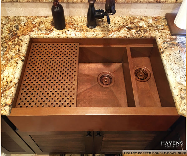 Custom double bowl copper farm house sink with lowered divider 80 20 split