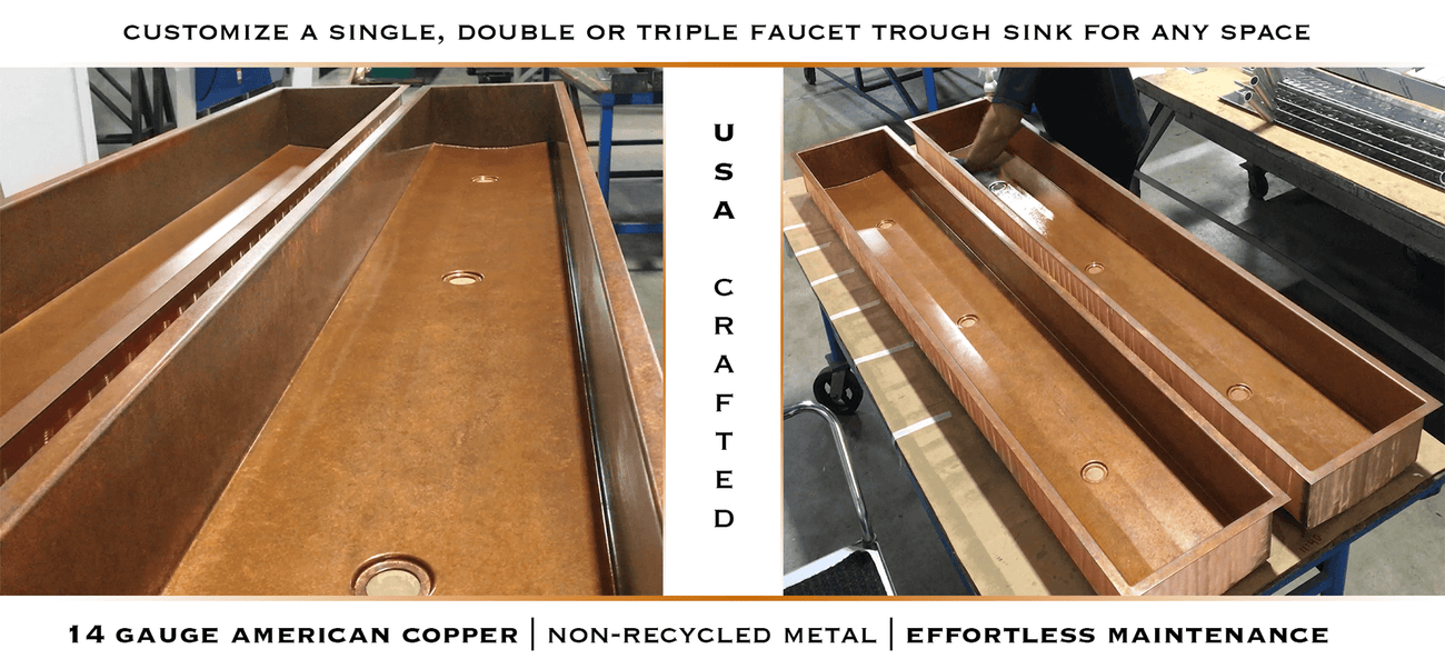 Large copper trough sink with three drain locations. This trough is over 10 feet long and features a spacious basin. Featuring our signature smooth copper finish.