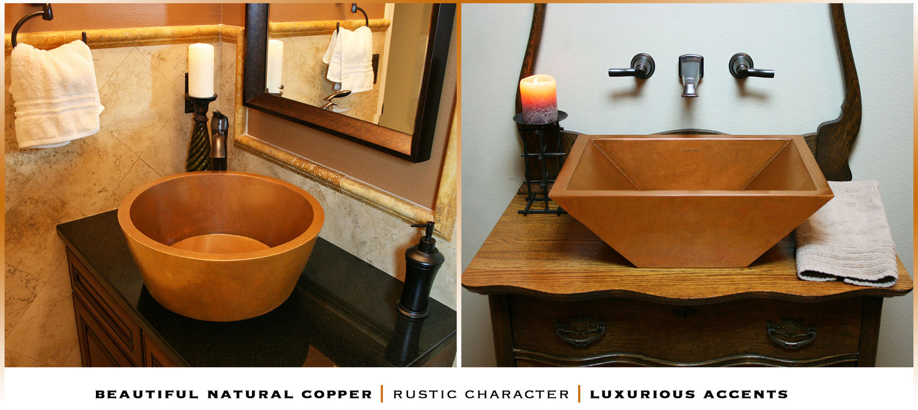 Copper vessel sinks in a luxury home with copper features throughout. 