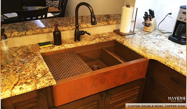 Kitchen with double bowl copper sink, built by Havens Metal in the USA form 14 ga. copper.