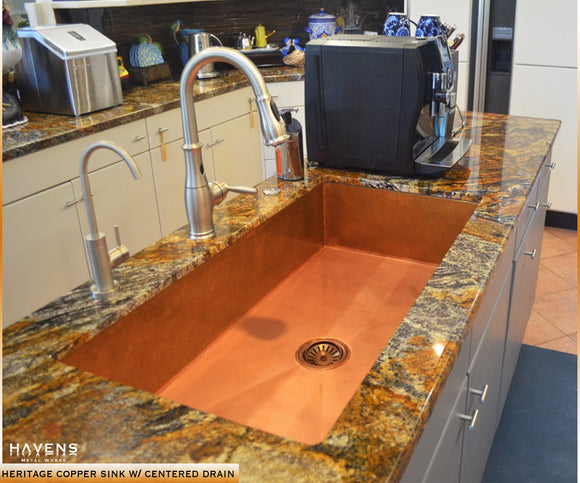 Single bowl custom copper sink by Havens Metal. Handcrafted in the USA from 14 gauge American copper.