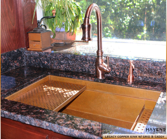 Undermount copper kitchen sink built in the USA by Havens. Installed here as an undermount sink, the built-in ledge advanced the user experience.