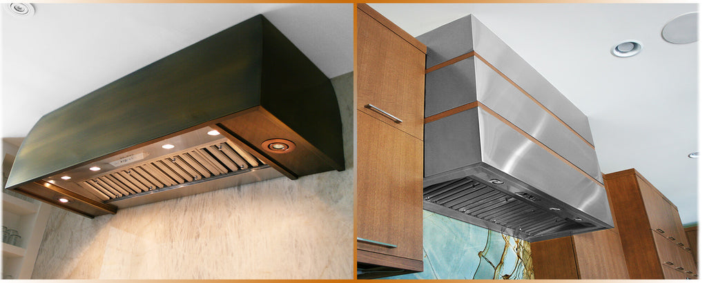 Stainless steel and brass Kitchen range hoods ventilation liner system with blower and fan, custom handcrafted by Havens.