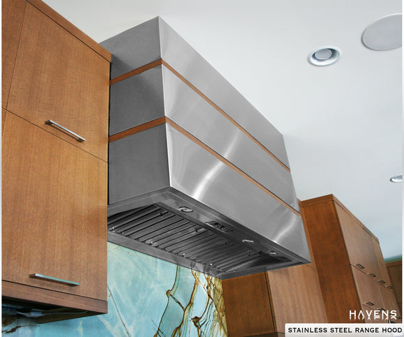 Custom stacked stainless steel range hood for kitchen with backsplash