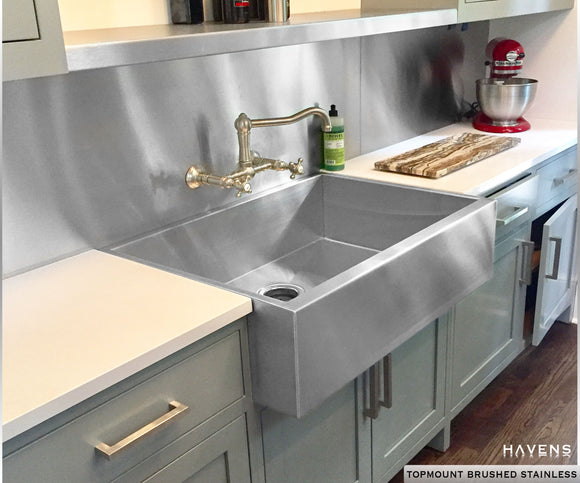 Custom brushed stainless steel sink, fabricated by Havens Metal in the USA and installed as a drop in.