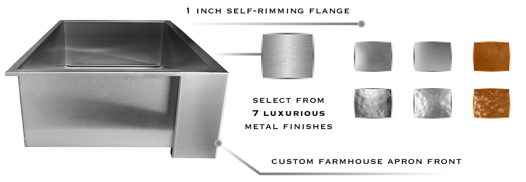 Farmhouse top mount stainless steel and copper sinks, custom made in the USA for replacing a sink.
