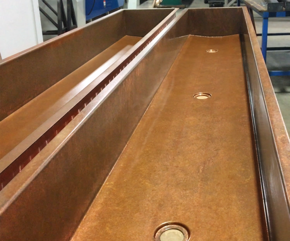 custom copper trough sinks with bath drain for commercial bathroom