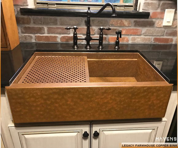 Hammered copper farm sink with a beautiful apron front, easy to clean - pure copper.