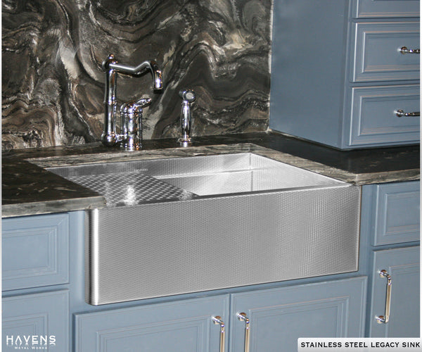 Farm sink in kitchen by Havens. Stainless farmhouse Legacy sink. 