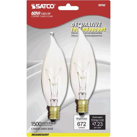 Satco S3762 60W TT CAND CLR 60 watt CA10 Incandescent Clear Candelabra base 120 volts 2 Pack
