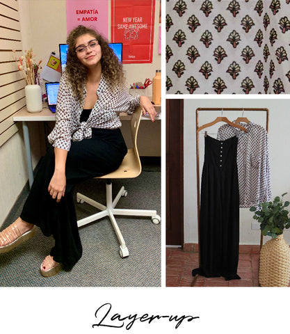Photo collage of black jumpsuit and long sleeve shirt outfit on a rack, worn on a girl and a close up of the print.
