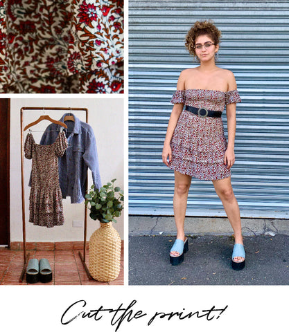 Photo collage of short dress outfit on a rack, worn on a girl and a close up of the print.