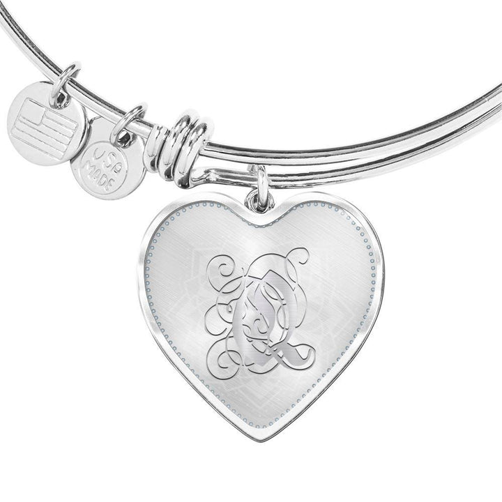 Heart Bangle Bracelet with Silver Q Initial, Personalized, Monogram & Name - Lyghtt