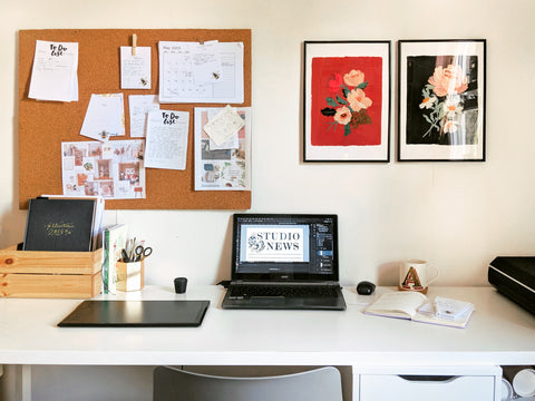 my desk with photoshop open, and graphics tablet to the left