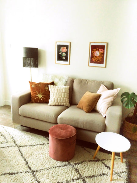 narrow living room - Greige wool look sofa with velvet and fur elements