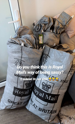 instagram story screenshot of the huge pile of mailbags I was delivered by royal mail after waiting weeks!