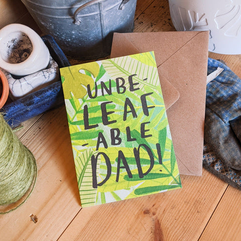 Gardening themed Father's Day Card on a pottinhg bench