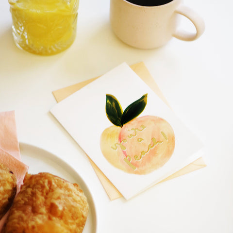 The You're a Peach card, with coffee and croissants 