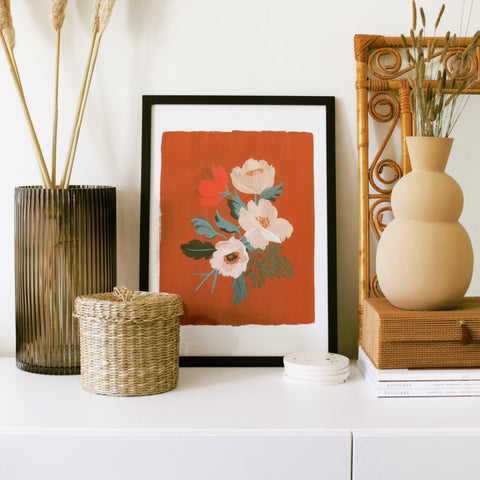 a red floral print of painted anemones 