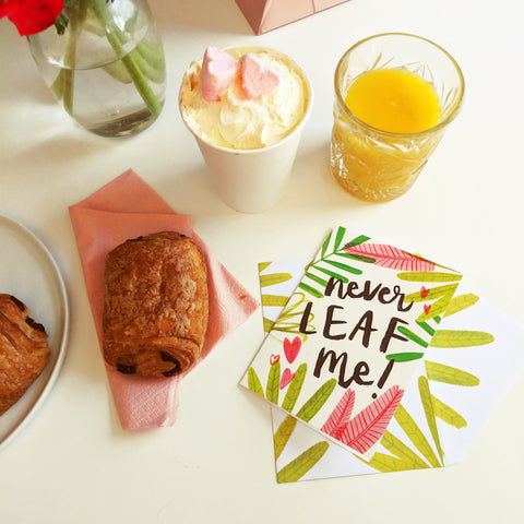 Opening the Never Leaf Me! Card with breakfast. 