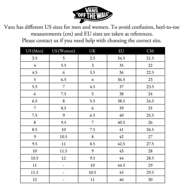 vans womens size chart