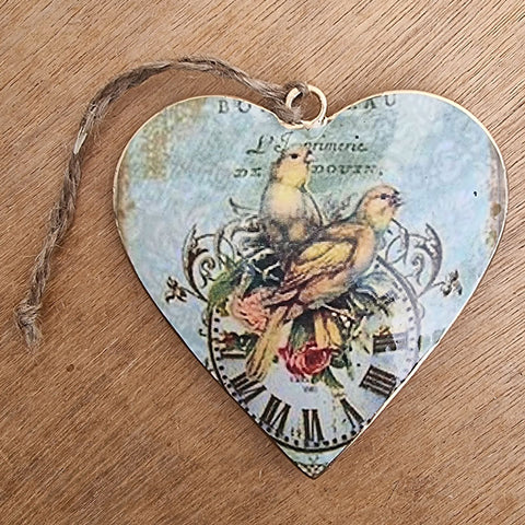 Vintage Bird And Clock Metal Heart Ornament