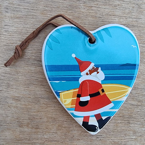 Coastal Santa Merry Christmas Hanging Heart Ornament