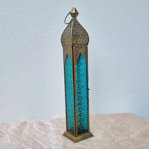 Extra Tall Brass Handcrafted Lantern - Turquoise