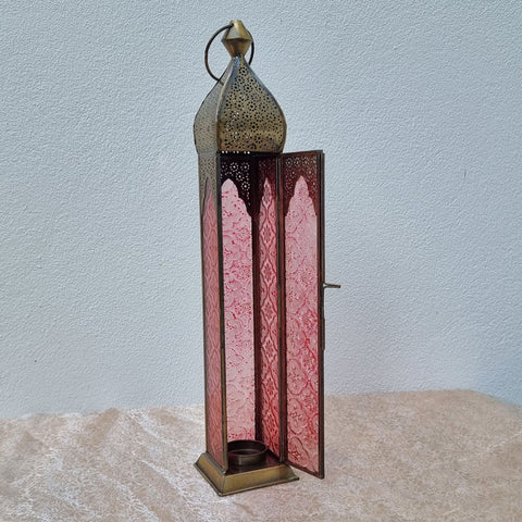 Extra Tall Brass Handcrafted Lantern - Red