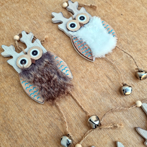 Fluffy Wood Owl Christmas Ornament - Brown Eyes Open