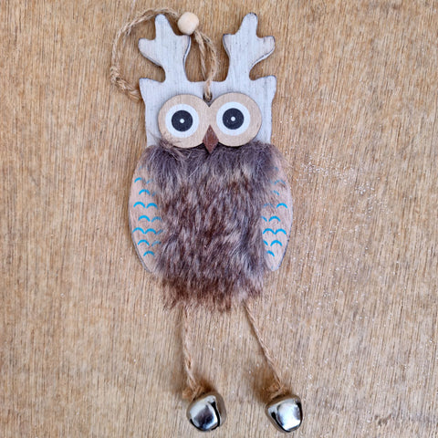 Fluffy Wood Owl Christmas Ornament - Brown Eyes Open